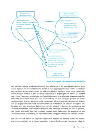 Mentale ruimte 1:                                              Mentale ruimte 2:
            Zwitserleven-ruimte                                          Joost Zwagerman-ruimte


       - Missie Zwitserleven:                                          - Joost Zwagerman
       mensen in staat te stellen;
                                                                             Gevoel (dat door de
       om financieel onbezorgd
                                                                             tekst tot stand wordt
       (=gevoel);
                                                                             gebracht: figuur B.3-4)
       van later te kunnen genieten.


                                                                       - Gevoel van onbezorgdheid (dat
                                                                       ook door de tekst tot stand
                                                                       wordt gebracht: figuur B.3-5)




                                                  - Zwitserleven + onbezorgd gevoel
                                                  = Zwitserleven Gevoel:

                                                  - een onbezorgd gevoel;
                                                  - over postactieve levensfase
                                                  - gebaseerd op het vertrouwen;
                                                  - dat men in financieel opzicht;
                                                  - een onbezorgd oude dag
                                                  tegemoet gaat.




                                                           ‘Blend’-ruimte:
                                                         Zwitserleven Gevoel


                                                 Figuur: Conceptuele integratie tekstuele elementen

Het bijzondere van de betekenisontlening uit deze advertentie is dat Joost Zwagerman met geen
woord rept over zijn financiële toekomst. Omdat de twee opgeroepen mentale ruimtes naast elkaar
gepresenteerd worden, gaan mensen op zoek naar relevante betekenis uit de beide conceptuele
inputruimtes en relateren ze deze aan elkaar. Hierdoor zal in de perceptie van mensen (de blended
space) Joost Zwagerman vertellen over zijn financiële toekomst of vertellen over de gevolgen van het
feit dat hij zijn financiële zaken goed voor elkaar heeft: hij kan later onbezorgd genieten. Dit proces
wordt emergent structure genoemd omdat mensen een relevante structuur oproepen uit datgene
wat aan ze gepresenteerd wordt. Mensen kunnen aan de hand van het creatieve concept nu ook
herleiden wat voor organisatie Zwitserleven wil zijn, oftewel ze kunnen de positionering van
Zwitserleven herleiden. Zwitserleven wil mensen in staat stellen om onbezorgd van laten te genieten,
wat wordt uitgebeeld door het creatieve concept Joost Zwagerman. De positionering van
Zwitserleven wordt zodoende op een impliciete wijze tot uiting gebracht door het creatieve concept.

Het laat zien dat mensen de cognitieve capaciteiten hebben om mentale ruimtes te creëren,
daarbinnen associaties op te roepen, associaties in verschillende mentale ruimtes aan elkaar te


                                                                                             36 | P a g i n a
 