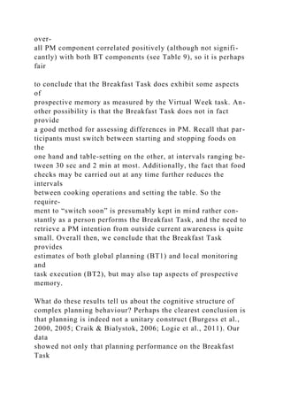 over-
all PM component correlated positively (although not signifi-
cantly) with both BT components (see Table 9), so it is perhaps
fair
to conclude that the Breakfast Task does exhibit some aspects
of
prospective memory as measured by the Virtual Week task. An-
other possibility is that the Breakfast Task does not in fact
provide
a good method for assessing differences in PM. Recall that par-
ticipants must switch between starting and stopping foods on
the
one hand and table-setting on the other, at intervals ranging be-
tween 30 sec and 2 min at most. Additionally, the fact that food
checks may be carried out at any time further reduces the
intervals
between cooking operations and setting the table. So the
require-
ment to “switch soon” is presumably kept in mind rather con-
stantly as a person performs the Breakfast Task, and the need to
retrieve a PM intention from outside current awareness is quite
small. Overall then, we conclude that the Breakfast Task
provides
estimates of both global planning (BT1) and local monitoring
and
task execution (BT2), but may also tap aspects of prospective
memory.
What do these results tell us about the cognitive structure of
complex planning behaviour? Perhaps the clearest conclusion is
that planning is indeed not a unitary construct (Burgess et al.,
2000, 2005; Craik & Bialystok, 2006; Logie et al., 2011). Our
data
showed not only that planning performance on the Breakfast
Task
 