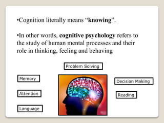 •Cognition literally means “knowing”.
•In other words, cognitive psychology refers to
the study of human mental processes and their
role in thinking, feeling and behaving
Problem Solving
Memory
Attention
Language
Decision Making
Reading
 