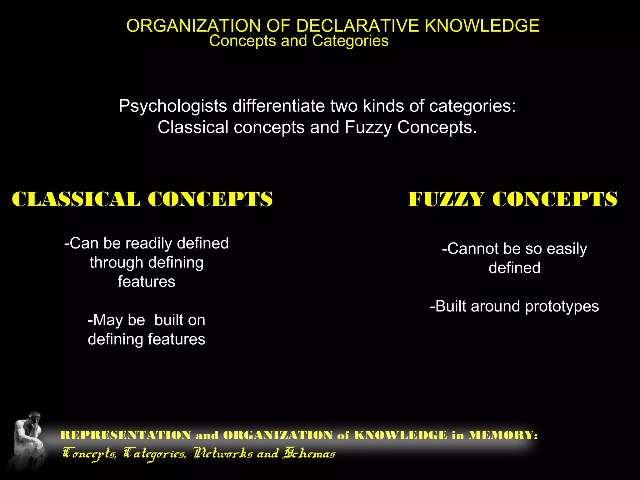 REPRESENTATION and ORGANIZATION of KNOWLEDGE in MEMORY:
Concepts, Categories, Networks and Schemas
ORGANIZATION OF DECLARATIVE KNOWLEDGE
Concepts and Categories
Psychologists differentiate two kinds of categories:
Classical concepts and Fuzzy Concepts.
CLASSICAL CONCEPTS FUZZY CONCEPTS
-Can be readily defined
through defining
features
-May be built on
defining features
-Cannot be so easily
defined
-Built around prototypes
 