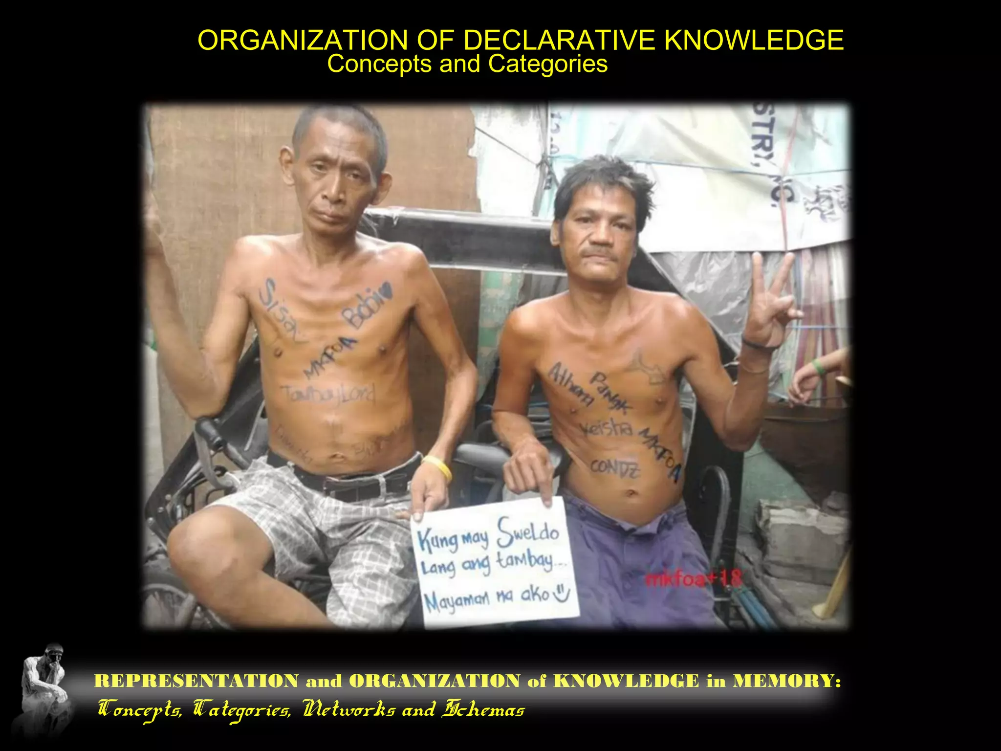 REPRESENTATION and ORGANIZATION of KNOWLEDGE in MEMORY:
Concepts, Categories, Networks and Schemas
ORGANIZATION OF DECLARATIVE KNOWLEDGE
Concepts and Categories
 