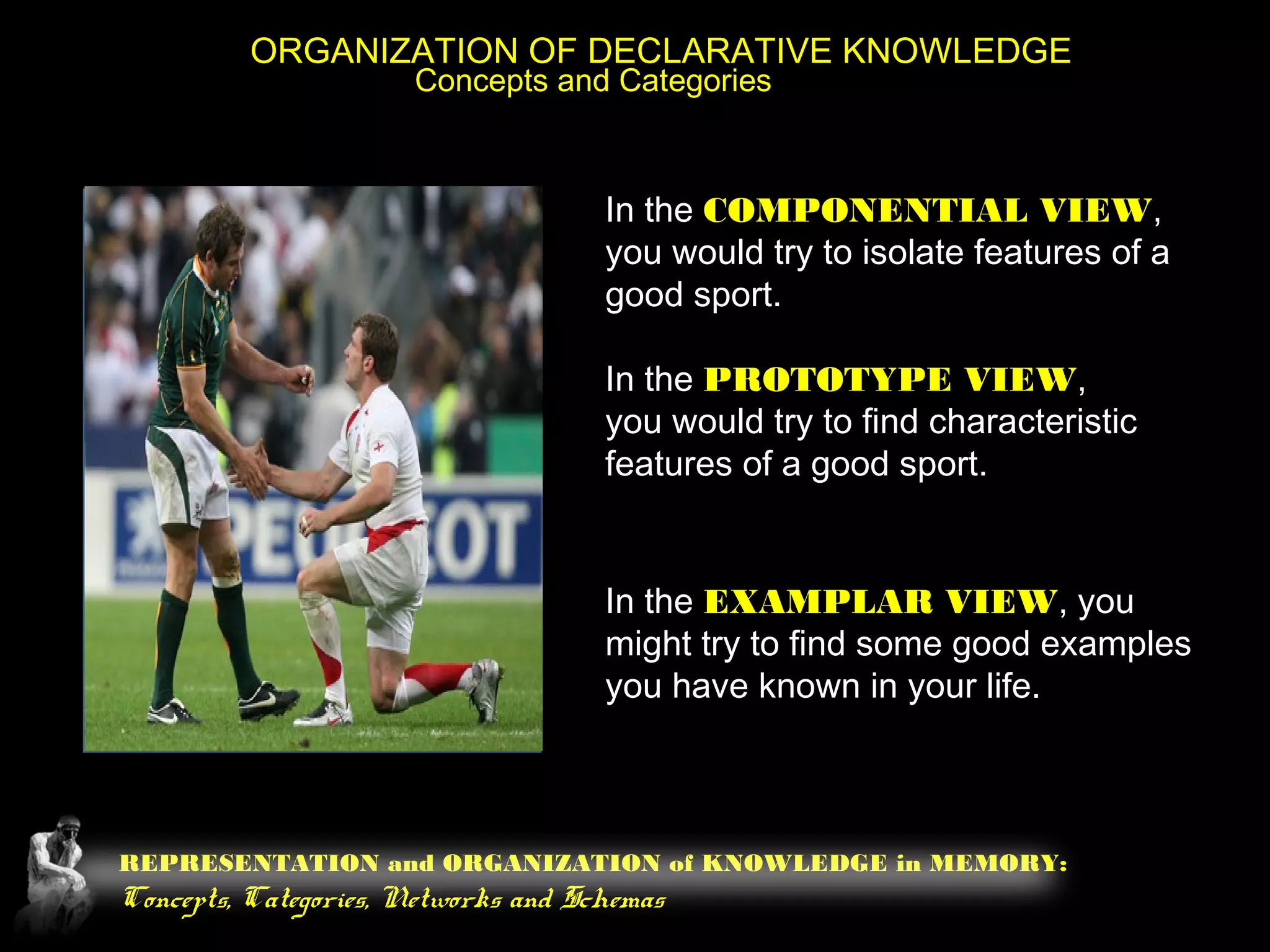 REPRESENTATION and ORGANIZATION of KNOWLEDGE in MEMORY:
Concepts, Categories, Networks and Schemas
ORGANIZATION OF DECLARATIVE KNOWLEDGE
Concepts and Categories
In the PROTOTYPE VIEW,
you would try to find characteristic
features of a good sport.
In the COMPONENTIAL VIEW,
you would try to isolate features of a
good sport.
In the EXAMPLAR VIEW, you
might try to find some good examples
you have known in your life.
 