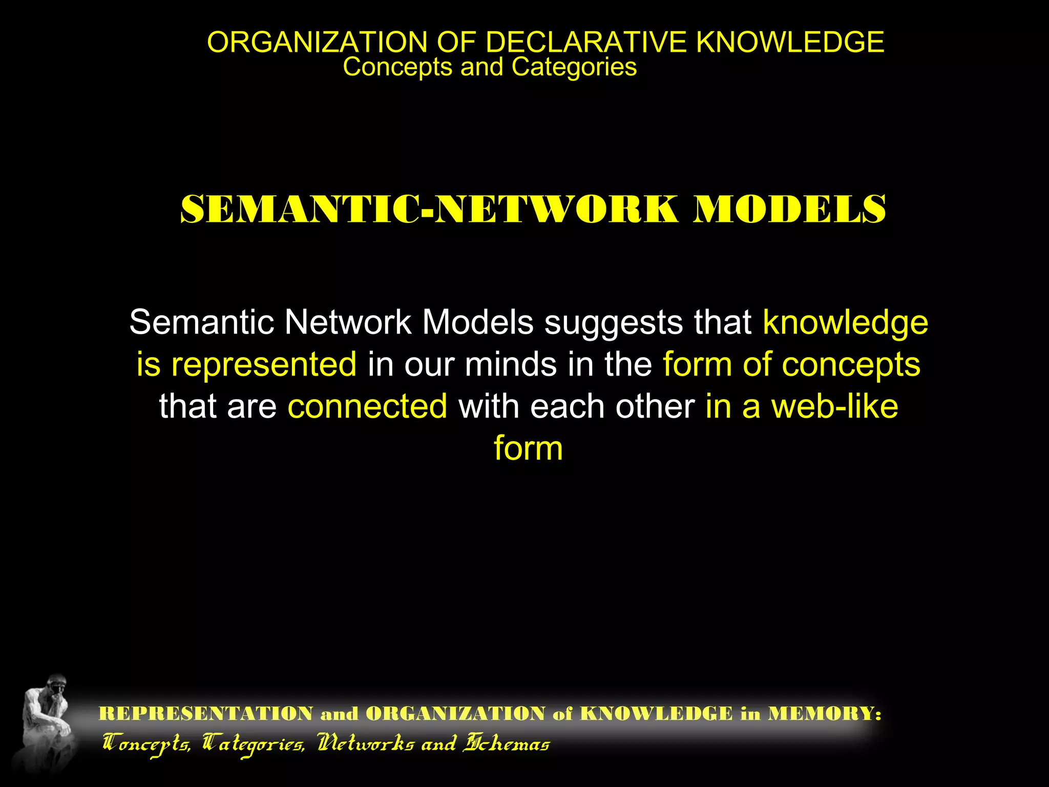 REPRESENTATION and ORGANIZATION of KNOWLEDGE in MEMORY:
Concepts, Categories, Networks and Schemas
ORGANIZATION OF DECLARATIVE KNOWLEDGE
Concepts and Categories
SEMANTIC-NETWORK MODELS
Semantic Network Models suggests that knowledge
is represented in our minds in the form of concepts
that are connected with each other in a web-like
form
 