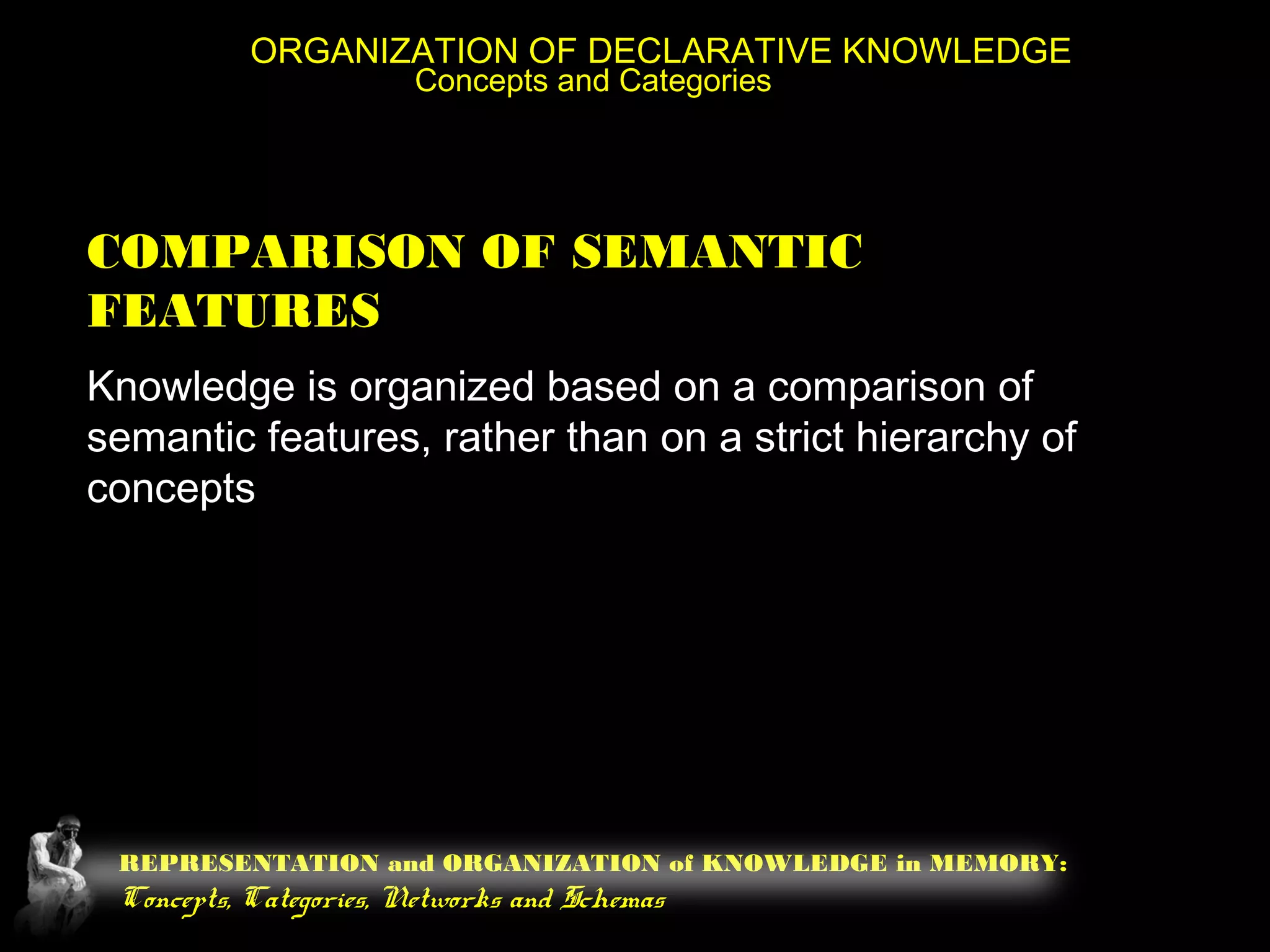 REPRESENTATION and ORGANIZATION of KNOWLEDGE in MEMORY:
Concepts, Categories, Networks and Schemas
ORGANIZATION OF DECLARATIVE KNOWLEDGE
Concepts and Categories
COMPARISON OF SEMANTIC
FEATURES
Knowledge is organized based on a comparison of
semantic features, rather than on a strict hierarchy of
concepts
 