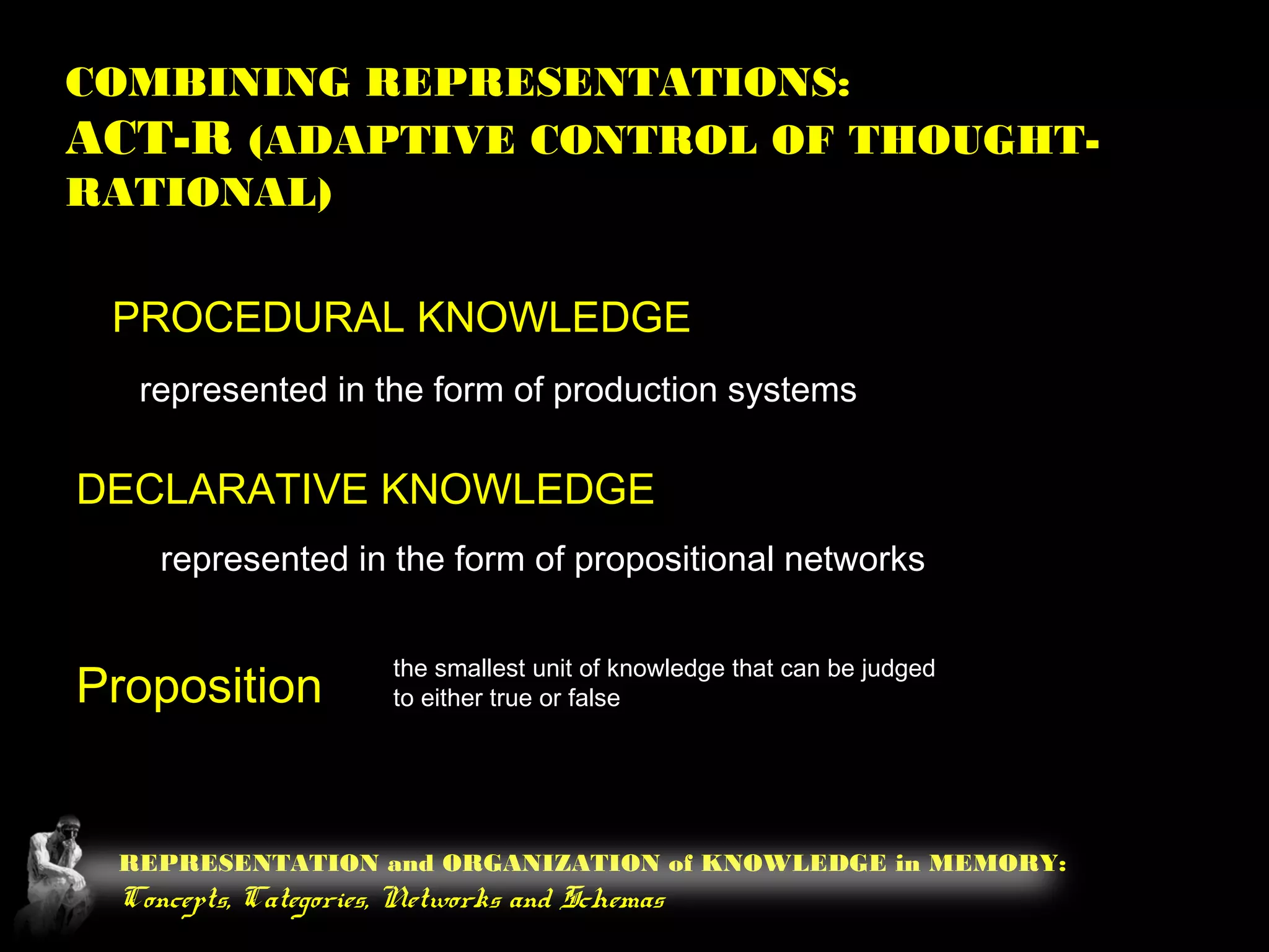 REPRESENTATION and ORGANIZATION of KNOWLEDGE in MEMORY:
Concepts, Categories, Networks and Schemas
COMBINING REPRESENTATIONS:
ACT-R (ADAPTIVE CONTROL OF THOUGHT-
RATIONAL)
PROCEDURAL KNOWLEDGE
DECLARATIVE KNOWLEDGE
represented in the form of production systems
represented in the form of propositional networks
Proposition
the smallest unit of knowledge that can be judged
to either true or false
 