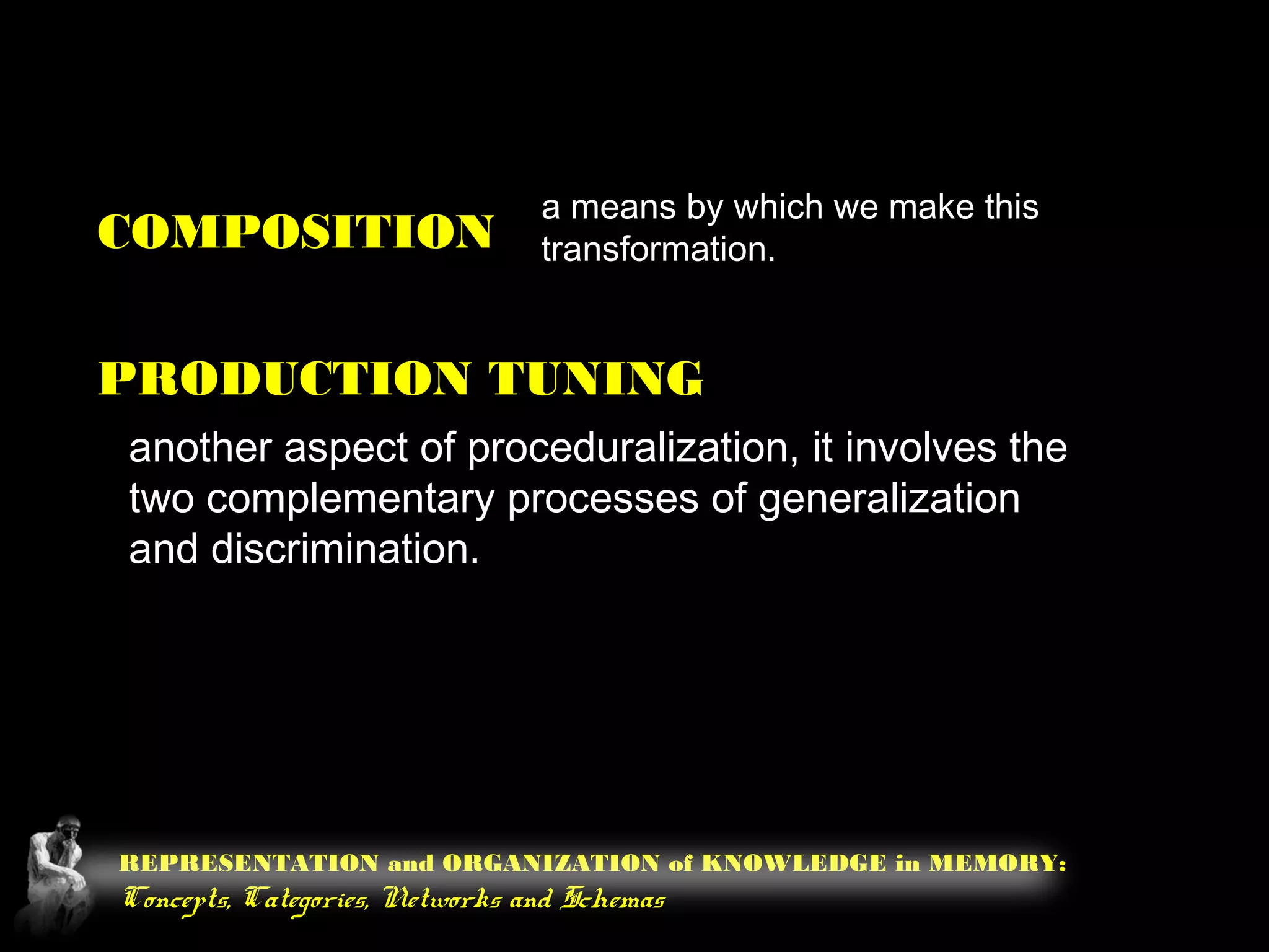REPRESENTATION and ORGANIZATION of KNOWLEDGE in MEMORY:
Concepts, Categories, Networks and Schemas
COMPOSITION
a means by which we make this
transformation.
PRODUCTION TUNING
another aspect of proceduralization, it involves the
two complementary processes of generalization
and discrimination.
 