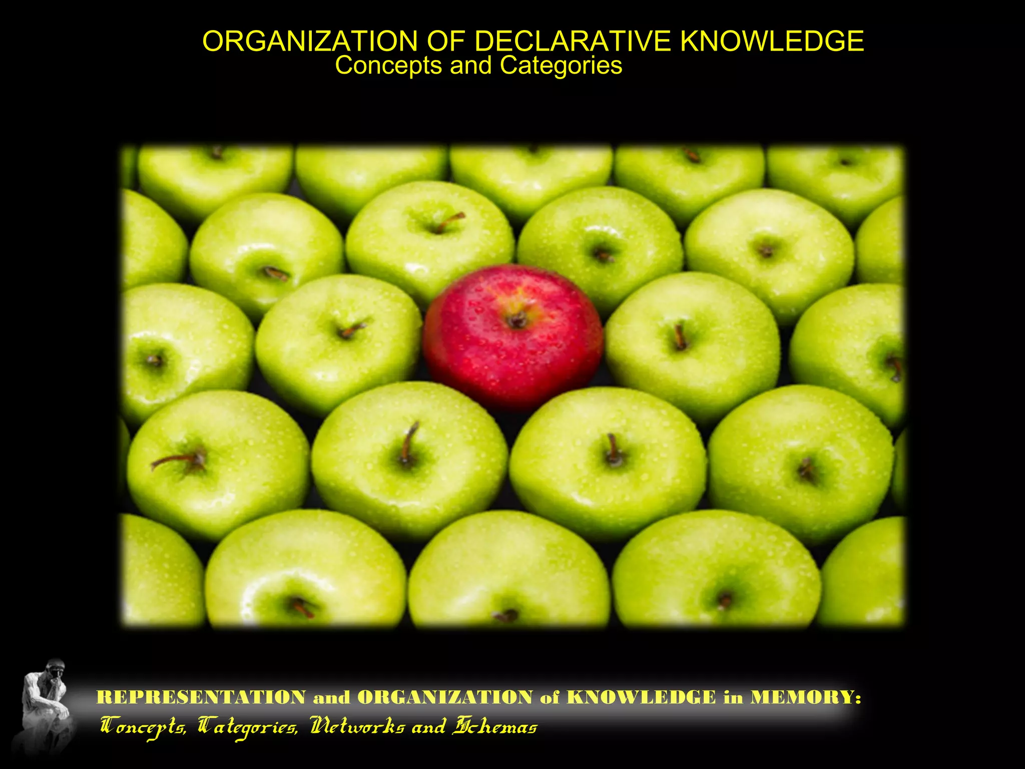 REPRESENTATION and ORGANIZATION of KNOWLEDGE in MEMORY:
Concepts, Categories, Networks and Schemas
ORGANIZATION OF DECLARATIVE KNOWLEDGE
Concepts and Categories
 