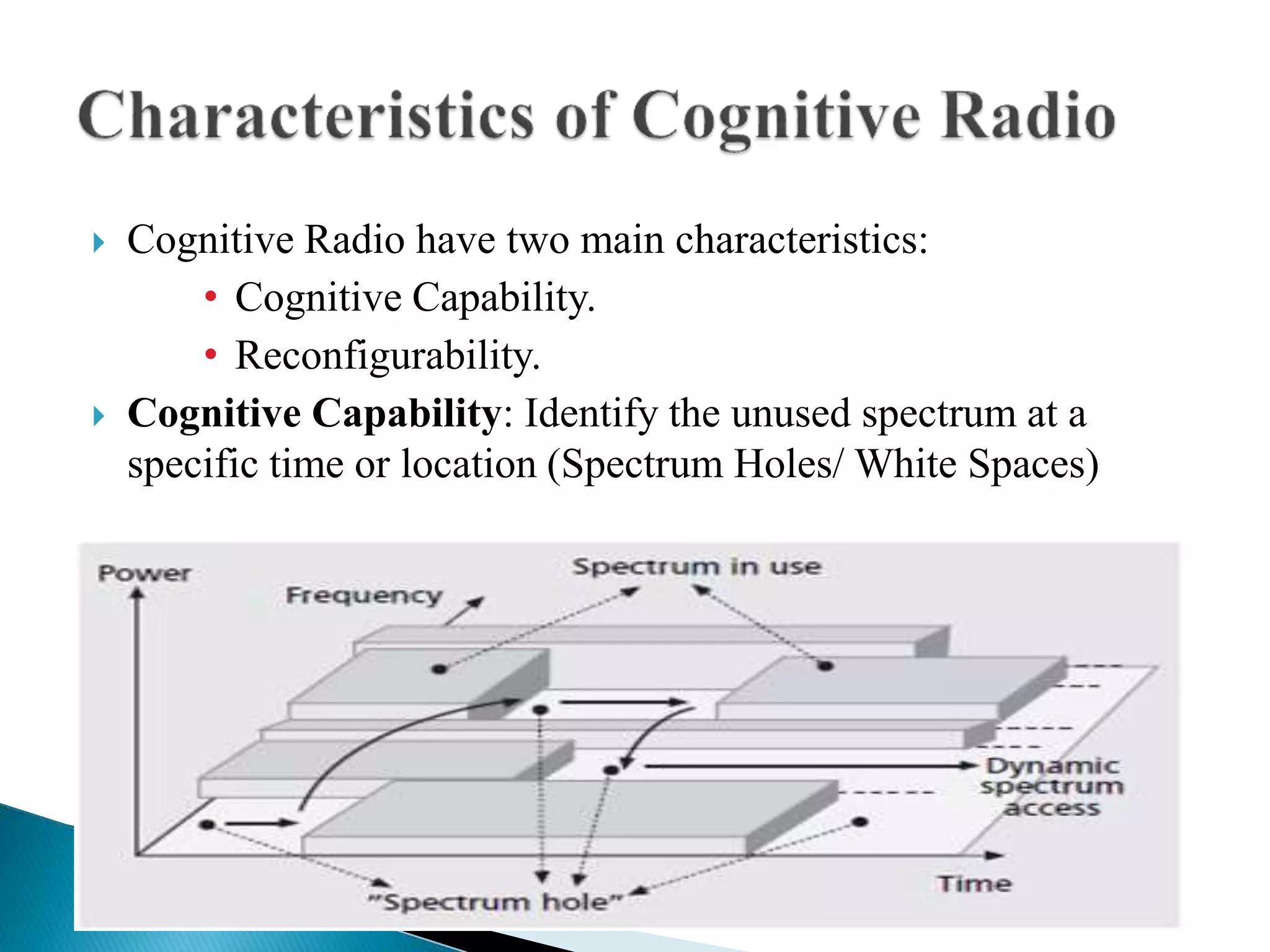  Cognitive Radio have two main characteristics:
• Cognitive Capability.
• Reconfigurability.
 Cognitive Capability: Identify the unused spectrum at a
specific time or location (Spectrum Holes/ White Spaces)
 