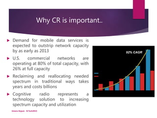 Why CR is important..
 Demand for mobile data services is
expected to outstrip network capacity
by as early as 2013
 U.S. commercial networks are
operating at 80% of total capacity, with
26% at full capacity
 Reclaiming and reallocating needed
spectrum in traditional ways takes
years and costs billions
 Cognitive radio represents a
technology solution to increasing
spectrum capacity and utilization
Umera Anjum - B.Tech2015
 