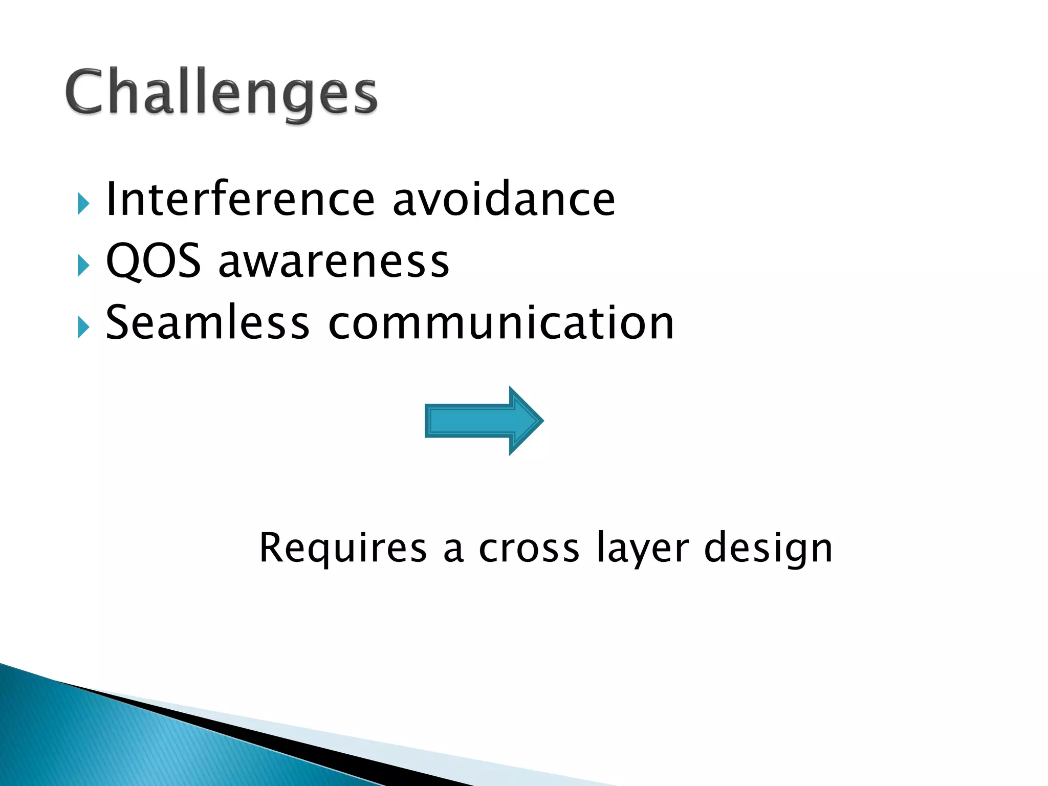  Interference avoidance
 QOS awareness
 Seamless communication
Requires a cross layer design
 