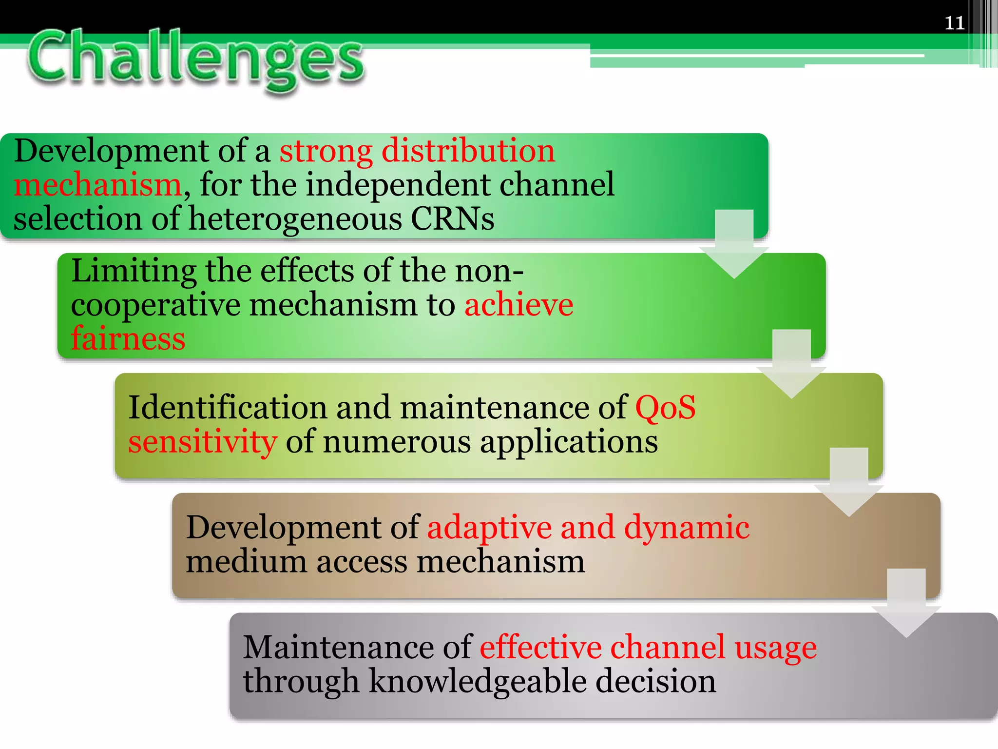Development of a strong distribution
mechanism, for the independent channel
selection of heterogeneous CRNs
Limiting the effects of the non-
cooperative mechanism to achieve
fairness
Identification and maintenance of QoS
sensitivity of numerous applications
Development of adaptive and dynamic
medium access mechanism
Maintenance of effective channel usage
through knowledgeable decision
11
 