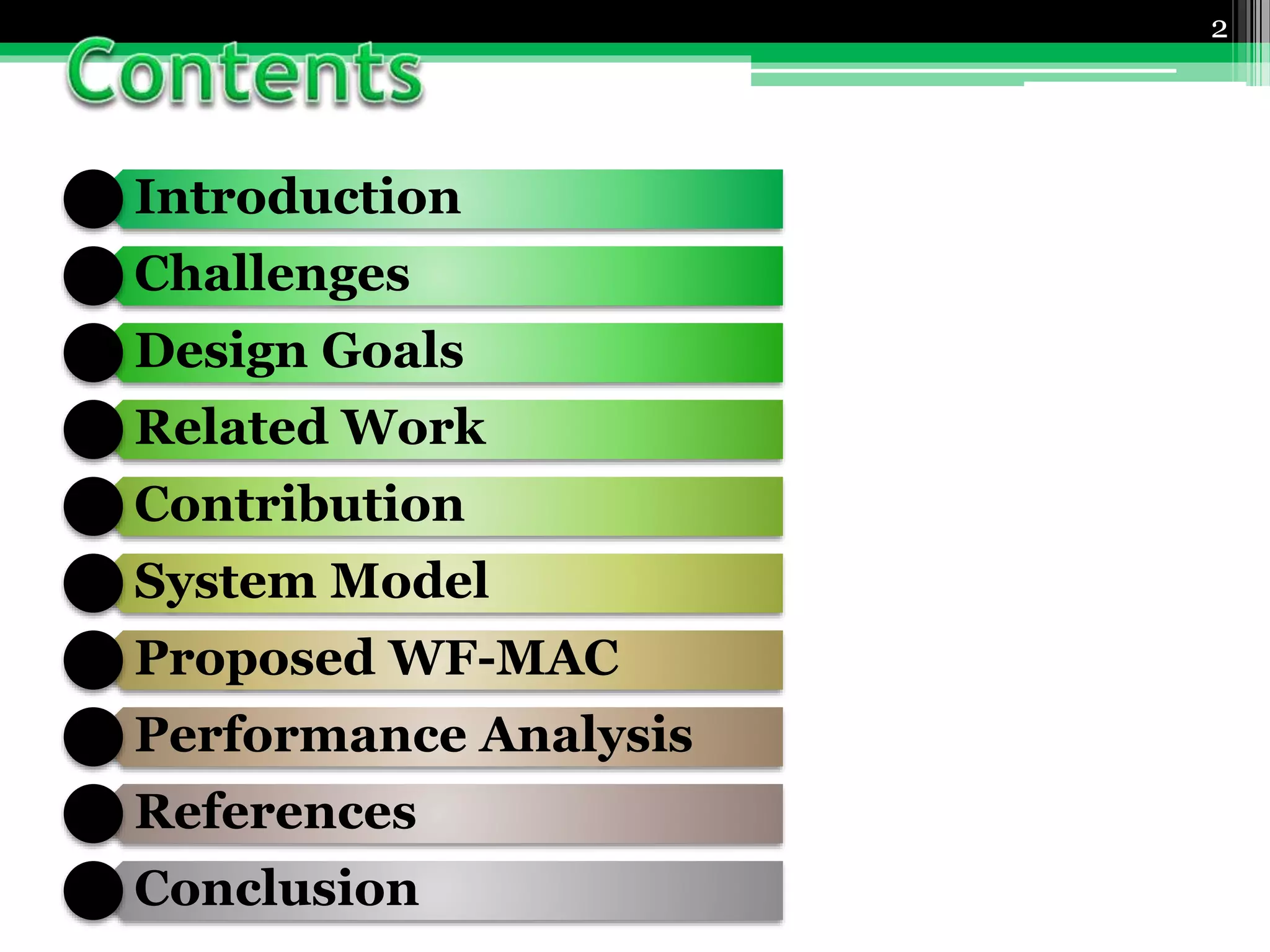 2
Introduction
Challenges
Design Goals
Related Work
Contribution
System Model
Proposed WF-MAC
Performance Analysis
References
Conclusion
 