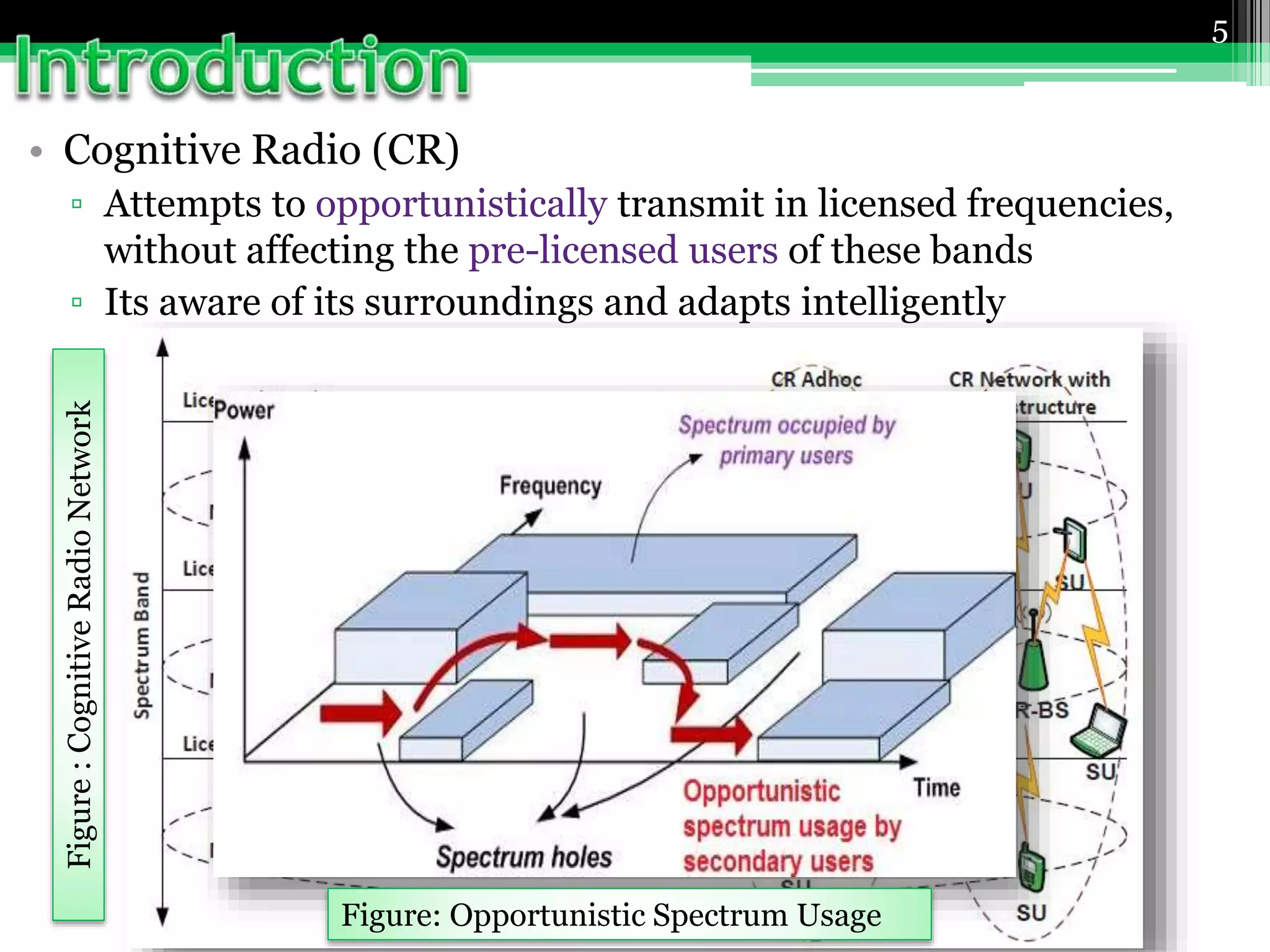 • Cognitive Radio (CR)
▫ Attempts to opportunistically transmit in licensed frequencies,
without affecting the pre-licensed users of these bands
▫ Its aware of its surroundings and adapts intelligently
5
Figure:CognitiveRadioNetwork
Figure: Opportunistic Spectrum Usage
 