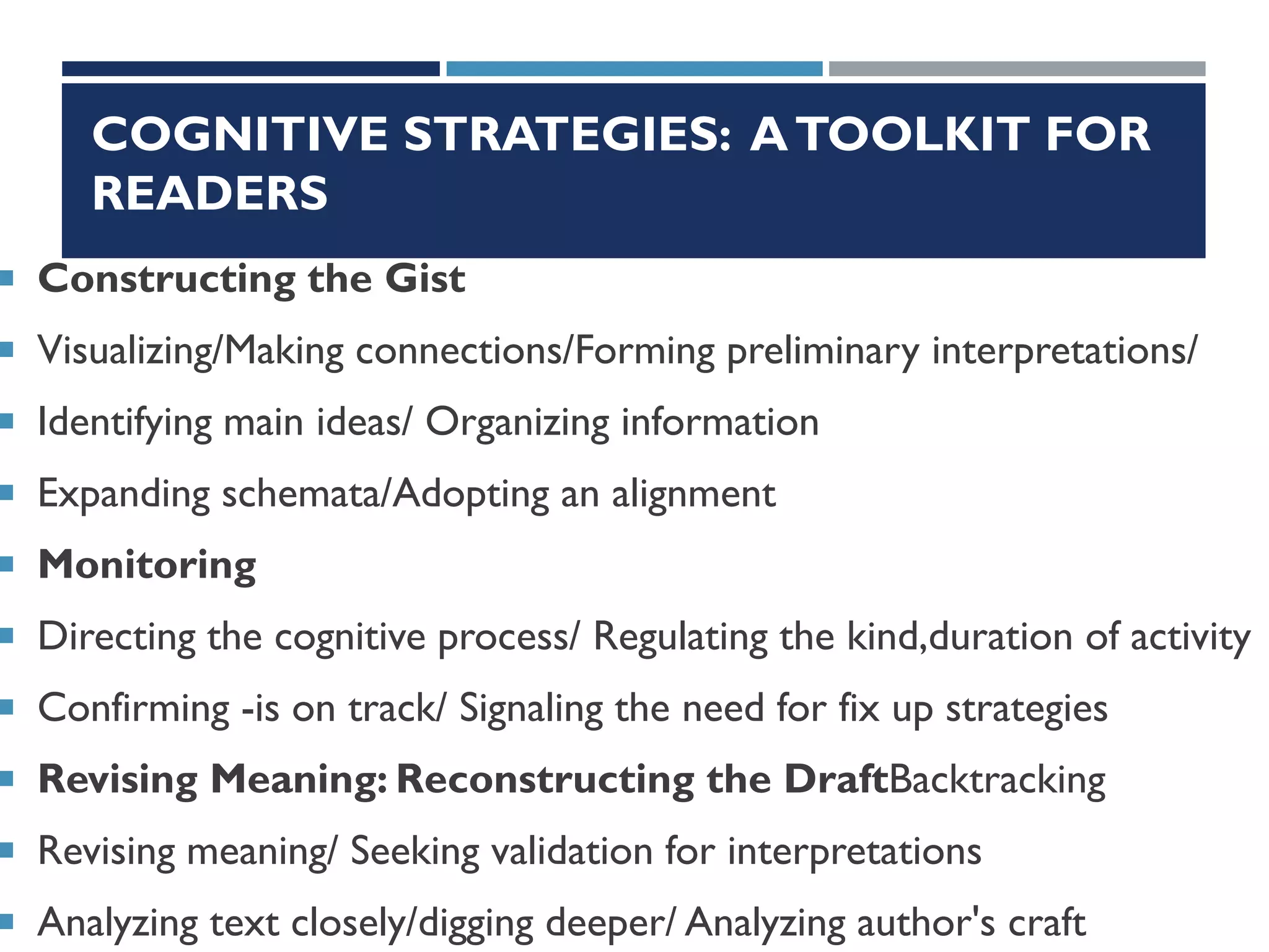 COGNITIVE STRATEGIES: ATOOLKIT FOR
READERS
 Constructing the Gist
 Visualizing/Making connections/Forming preliminary interpretations/
 Identifying main ideas/ Organizing information
 Expanding schemata/Adopting an alignment
 Monitoring
 Directing the cognitive process/ Regulating the kind,duration of activity
 Confirming -is on track/ Signaling the need for fix up strategies
 Revising Meaning: Reconstructing the DraftBacktracking
 Revising meaning/ Seeking validation for interpretations
 Analyzing text closely/digging deeper/ Analyzing author's craft
 