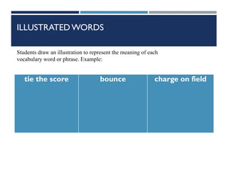 ILLUSTRATED WORDS
tie the score bounce charge on field
Students draw an illustration to represent the meaning of each
vocabulary word or phrase. Example:
 