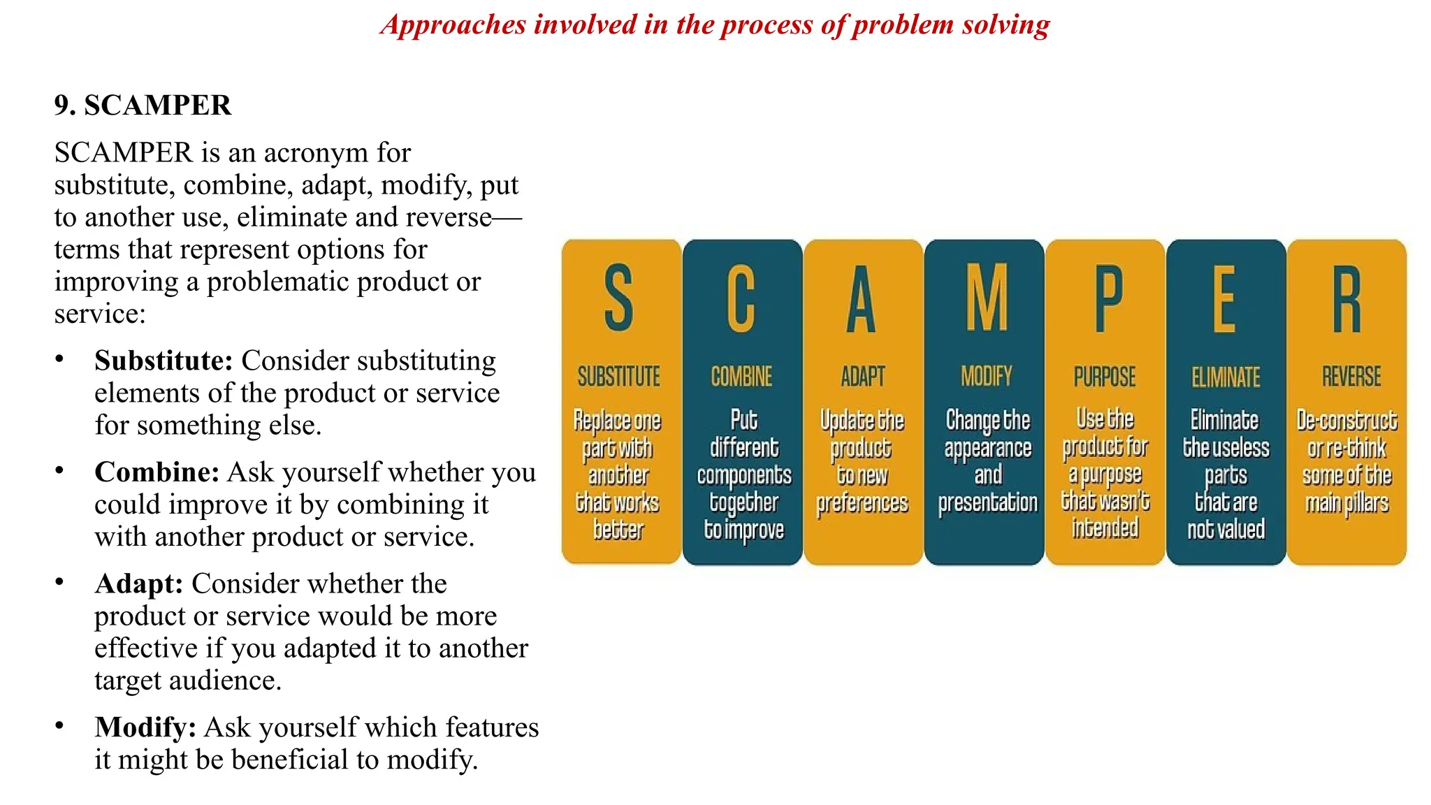 9. SCAMPER
SCAMPER is an acronym for
substitute, combine, adapt, modify, put
to another use, eliminate and reverse—
terms that represent options for
improving a problematic product or
service:
• Substitute: Consider substituting
elements of the product or service
for something else.
• Combine: Ask yourself whether you
could improve it by combining it
with another product or service.
• Adapt: Consider whether the
product or service would be more
effective if you adapted it to another
target audience.
• Modify: Ask yourself which features
it might be beneficial to modify.
Approaches involved in the process of problem solving
 