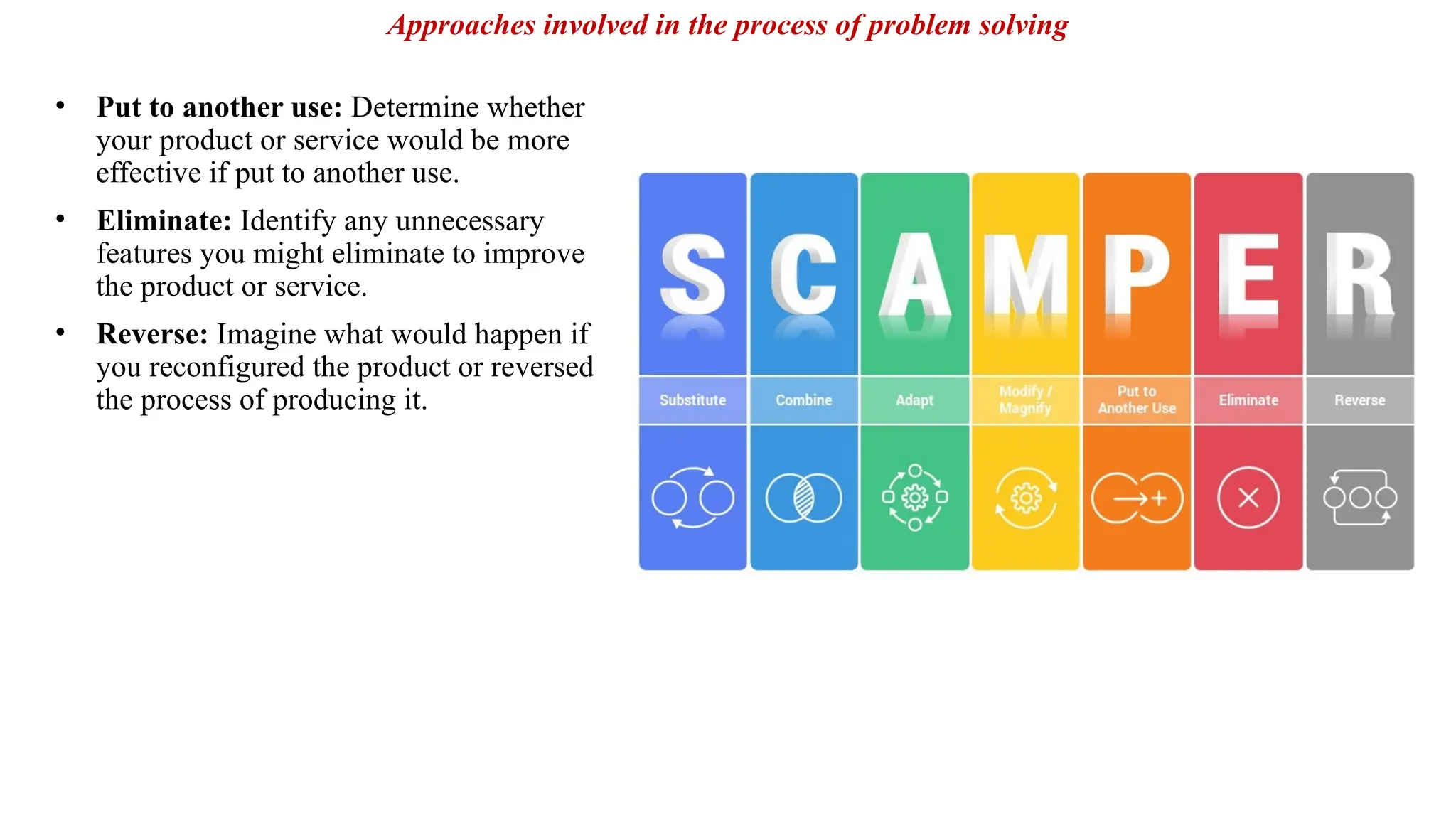 • Put to another use: Determine whether
your product or service would be more
effective if put to another use.
• Eliminate: Identify any unnecessary
features you might eliminate to improve
the product or service.
• Reverse: Imagine what would happen if
you reconfigured the product or reversed
the process of producing it.
Approaches involved in the process of problem solving
 