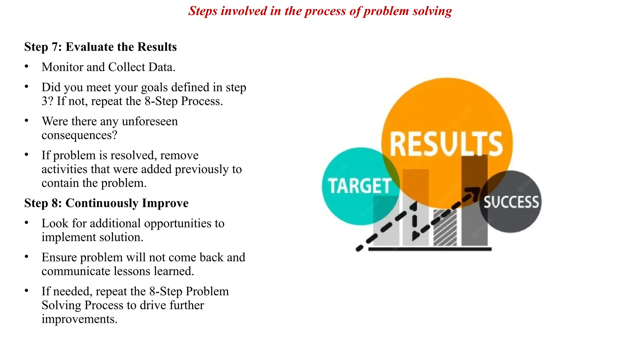 Step 7: Evaluate the Results
• Monitor and Collect Data.
• Did you meet your goals defined in step
3? If not, repeat the 8-Step Process.
• Were there any unforeseen
consequences?
• If problem is resolved, remove
activities that were added previously to
contain the problem.
Step 8: Continuously Improve
• Look for additional opportunities to
implement solution.
• Ensure problem will not come back and
communicate lessons learned.
• If needed, repeat the 8-Step Problem
Solving Process to drive further
improvements.
Steps involved in the process of problem solving
 