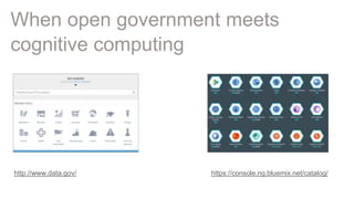 14Page© 2015 IBM Corporation
When open government meets
cognitive computing
https://console.ng.bluemix.net/catalog/http://www.data.gov/
 