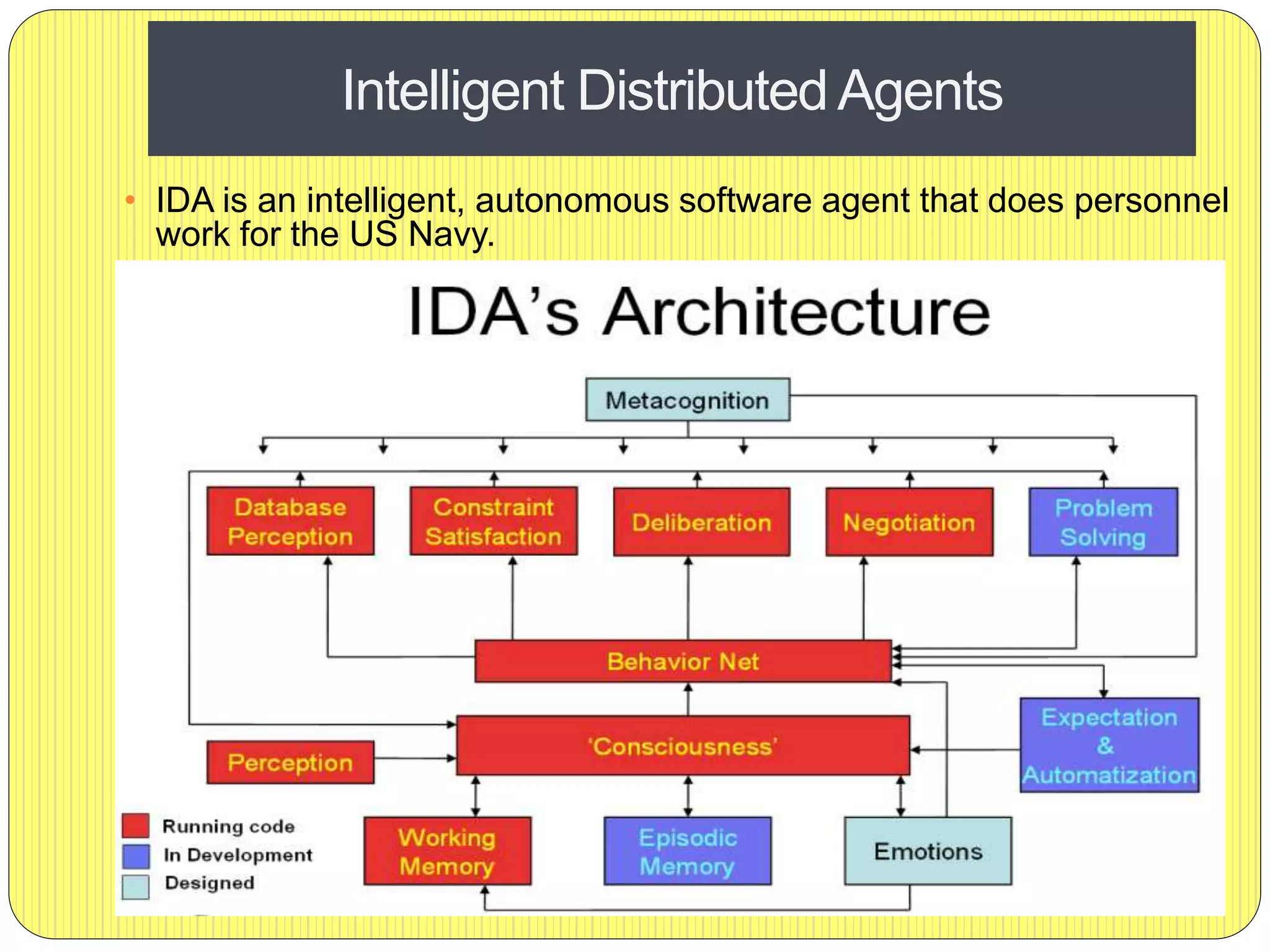 Intelligent DistributedAgents
• IDA is an intelligent, autonomous software agent that does personnel
work for the US Navy.
•
 
