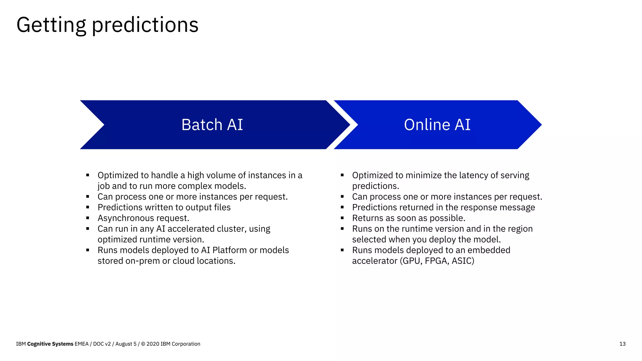 Getting predictions
13
Online AIBatch AI
§ Optimized to minimize the latency of serving
predictions.
§ Can process one or more instances per request.
§ Predictions returned in the response message
§ Returns as soon as possible.
§ Runs on the runtime version and in the region
selected when you deploy the model.
§ Runs models deployed to an embedded
accelerator (GPU, FPGA, ASIC)
§ Optimized to handle a high volume of instances in a
job and to run more complex models.
§ Can process one or more instances per request.
§ Predictions written to output files
§ Asynchronous request.
§ Can run in any AI accelerated cluster, using
optimized runtime version.
§ Runs models deployed to AI Platform or models
stored on-prem or cloud locations.
IBM Cognitive Systems EMEA / DOC v2 / August 5 / © 2020 IBM Corporation
 