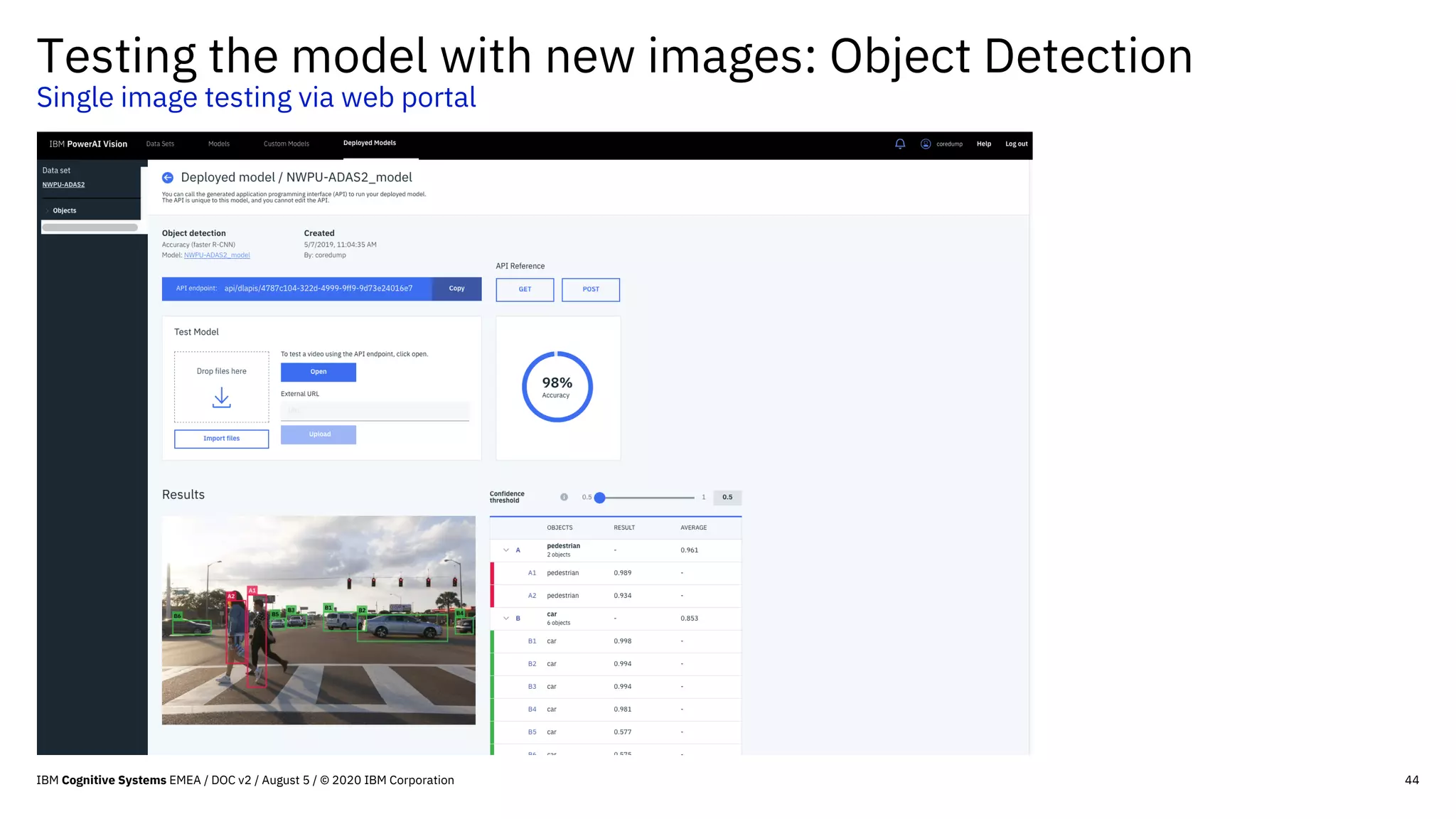 44
Testing the model with new images: Object Detection
Single image testing via web portal
IBM Cognitive Systems EMEA / DOC v2 / August 5 / © 2020 IBM Corporation
 