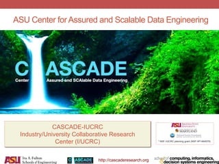 http://cascaderesearch.org
ASU Center forAssured and Scalable Data Engineering
CASCADE-IUCRC
Industry/University Collaborative Research
Center (I/UCRC) * NSF I/UCRC planning grant (NSF-IIP1464579)
 