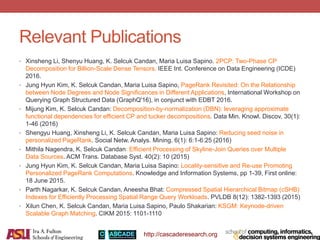 http://cascaderesearch.org
Relevant Publications
• Xinsheng Li, Shenyu Huang, K. Selcuk Candan, Maria Luisa Sapino. 2PCP: Two-Phase CP
Decomposition for Billion-Scale Dense Tensors. IEEE Int. Conference on Data Engineering (ICDE)
2016.
• Jung Hyun Kim, K. Selcuk Candan, Maria Luisa Sapino, PageRank Revisited: On the Relationship
between Node Degrees and Node Significances in Different Applications, International Workshop on
Querying Graph Structured Data (GraphQ'16), in conjunct with EDBT 2016.
• Mijung Kim, K. Selcuk Candan: Decomposition-by-normalization (DBN): leveraging approximate
functional dependencies for efficient CP and tucker decompositions. Data Min. Knowl. Discov, 30(1):
1-46 (2016)
• Shengyu Huang, Xinsheng Li, K. Selcuk Candan, Maria Luisa Sapino: Reducing seed noise in
personalized PageRank. Social Netw. Analys. Mining. 6(1): 6:1-6:25 (2016)
• Mithila Nagendra, K. Selcuk Candan: Efficient Processing of Skyline-Join Queries over Multiple
Data Sources. ACM Trans. Database Syst. 40(2): 10 (2015)
• Jung Hyun Kim, K. Selcuk Candan, Maria Luisa Sapino: Locality-sensitive and Re-use Promoting
Personalized PageRank Computations. Knowledge and Information Systems, pp 1-39, First online:
18 June 2015.
• Parth Nagarkar, K. Selcuk Candan, Aneesha Bhat: Compressed Spatial Hierarchical Bitmap (cSHB)
Indexes for Efficiently Processing Spatial Range Query Workloads. PVLDB 8(12): 1382-1393 (2015)
• Xilun Chen, K. Selcuk Candan, Maria Luisa Sapino, Paulo Shakarian: KSGM: Keynode-driven
Scalable Graph Matching. CIKM 2015: 1101-1110
 