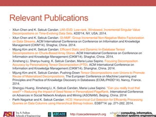 http://cascaderesearch.org
Relevant Publications
• Xilun Chen and K. Selcuk Candan. LWI-SVD: Low-rank, Windowed, Incremental Singular Value
Decompositions on Time-Evolving Data Sets. KDD'14, NY, USA. 2014.
• Xilun Chen and K. Selcuk Candan. GI-NMF: Group Incremental Non-Negative Matrix Factorization
on Data Streams. ACM International Conference on Conference on Information and Knowledge
Management (CIKM'14). Shaghai, China. 2014.
• Mijung Kim and K. Selcuk Candan. Efficient Static and Dynamic In-Database Tensor
Decompositions on Chunk-Based Array Stores. ACM International Conference on Conference on
Information and Knowledge Management (CIKM'14). Shaghai, China. 2014.
• Xinsheng Li, Shenyu huang, K. Selcuk Candan, Maria Luisa Sapino. Focusing Decomposition
Accuracy by Personalizing Tensor Decomposition (PTD). ACM International Conference on
Information and Knowledge Management (CIKM'14). Shanghai, China. 2014.
• Mijung Kim and K. Selcuk Candan. Pushing-Down Tensor Decompositions over Unions to Promote
Reuse of Materialized Decompositions. The European Conference on Machine Learning and
Principles and Practice of Knowledge Discovery in Databases (ECML/PKDD'14). Nancy, France.
2014.
• Shengyu Huang, Xinsheng Li, K. Selcuk Candan, Maria Luisa Sapino. “Can you really trust that
seed?”•: Reducing the Impact of Seed Noise in Personalized PageRank. International Conference
on Advances in Social Network Analysis and Mining (ASONAM). Beijing, China. 2014
• Parth Nagarkar and K. Selcuk Candan. HCS: Hierarchical Cut Selection for Efficiently Processing
Queries on Data Columns using Hierarchical Bitmap Indices. EDBT'14: pp. 271-282, 2014.
 