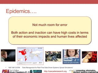 http://cascaderesearch.org
Epidemics….
K. Selcuk Candan @ ASU
• NSF III#1318788 “Data Management for Real-Time Data Driven Epidemic Spread Simulations”
Not much room for error
Both action and inaction can have high costs in terms
of their economic impacts and human lives affected
 