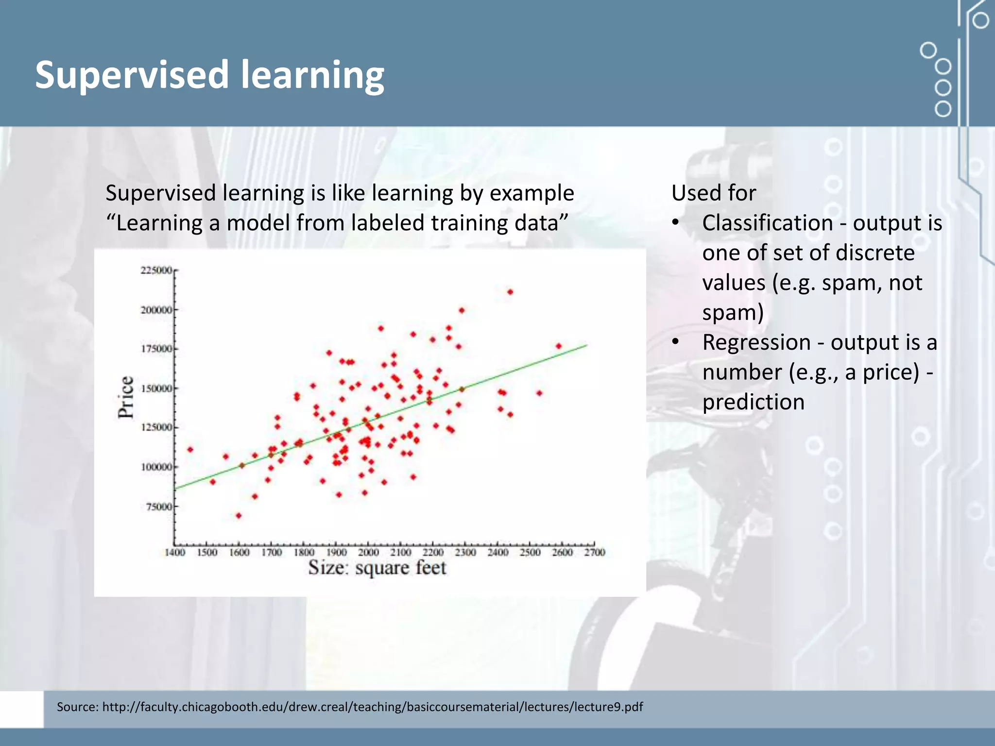 Demystifying artificial intelligence: The real opportunities for cognitive technologies in business
Supervised learning
Supervised learning is like learning by example
“Learning a model from labeled training data”
Used for
• Classification - output is
one of set of discrete
values (e.g. spam, not
spam)
• Regression - output is a
number (e.g., a price) -
prediction
Source: http://faculty.chicagobooth.edu/drew.creal/teaching/basiccoursematerial/lectures/lecture9.pdf
 