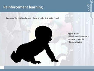 Demystifying artificial intelligence: The real opportunities for cognitive technologies in business
Reinforcement learning
Learning by trial and error – how a baby learns to crawl
Applications:
- Mechanical control -
elevators, robots
- Game playing
 