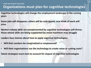 Demystifying artificial intelligence: The real opportunities for cognitive technologies in business
Organizations must plan for cognitive technologies
THERE ARE CHOICES TO BE MADE
Cognitive technologies will change the employment landscape in the coming
years
Some jobs will disappear; others will be redesigned; new kinds of work will
arise
Workers whose skills are complemented by cognitive technologies will thrive;
those whose skills are being supplanted by smart machines may struggle
Leaders face choices about how to apply cognitive technologies:
• Will their workers be marginalized or empowered?
• Will their organizations use the technology to create value or cutting costs?
Talent strategies must start to account for impact of cognitive technologies
 