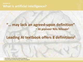 What is artificial intelligence?
DEFINING AI
“… may lack an agreed-upon definition”
− AI pioneer Nils Nilsson1
Leading AI ...