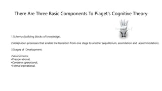 There Are Three Basic Components To Piaget's Cognitive Theory
1.Schemas(building blocks of knowledge).
2.Adaptation processes that enable the transition from one stage to another (equilibrium, assimilation and accommodation).
3.Stages of Development:
•Sensorimotor,
•Preoperational,
•Concrete operational,
•Formal operational.
 