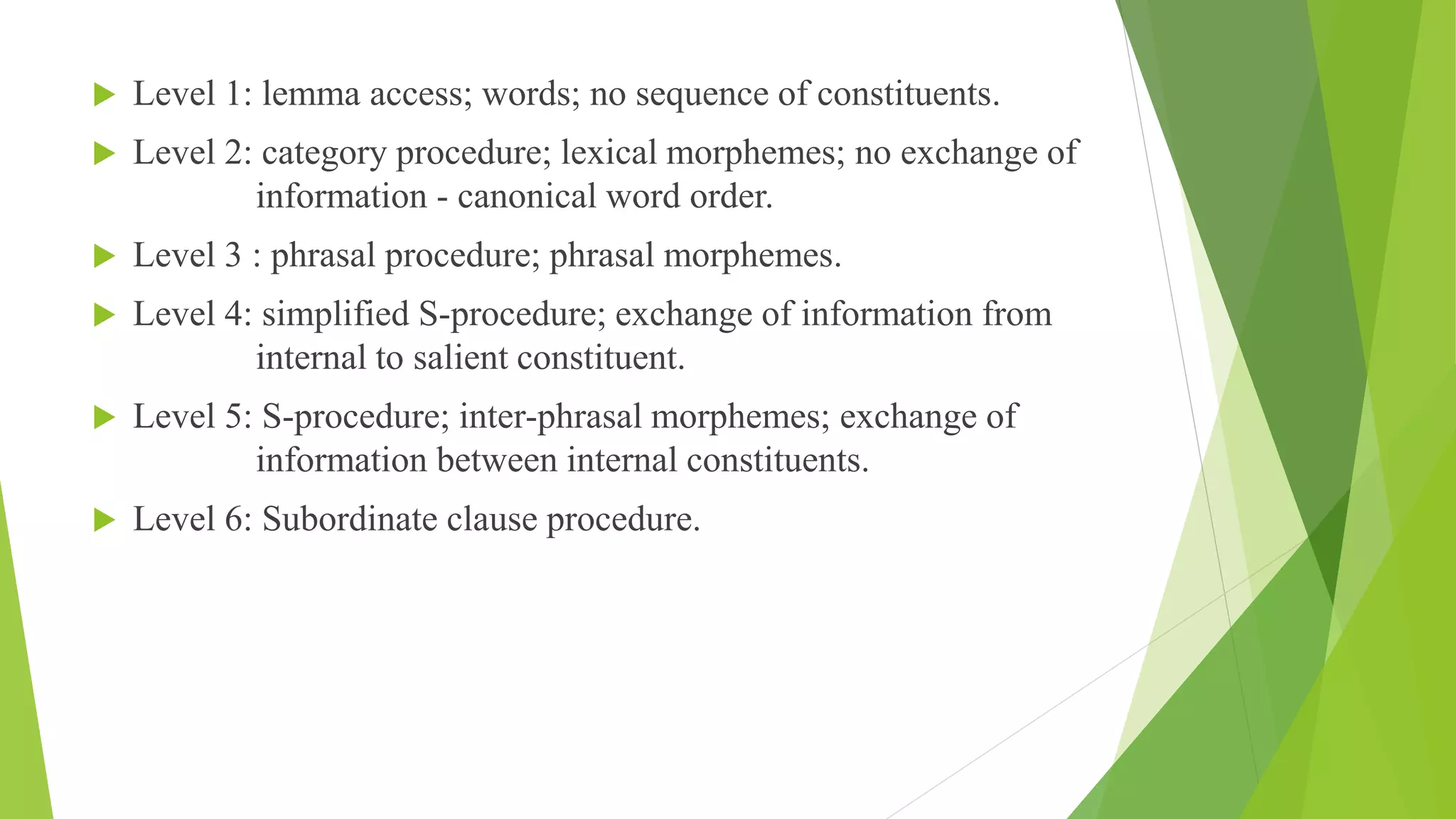  Level 1: lemma access; words; no sequence of constituents.
 Level 2: category procedure; lexical morphemes; no exchange of
information - canonical word order.
 Level 3 : phrasal procedure; phrasal morphemes.
 Level 4: simplified S-procedure; exchange of information from
internal to salient constituent.
 Level 5: S-procedure; inter-phrasal morphemes; exchange of
information between internal constituents.
 Level 6: Subordinate clause procedure.
 