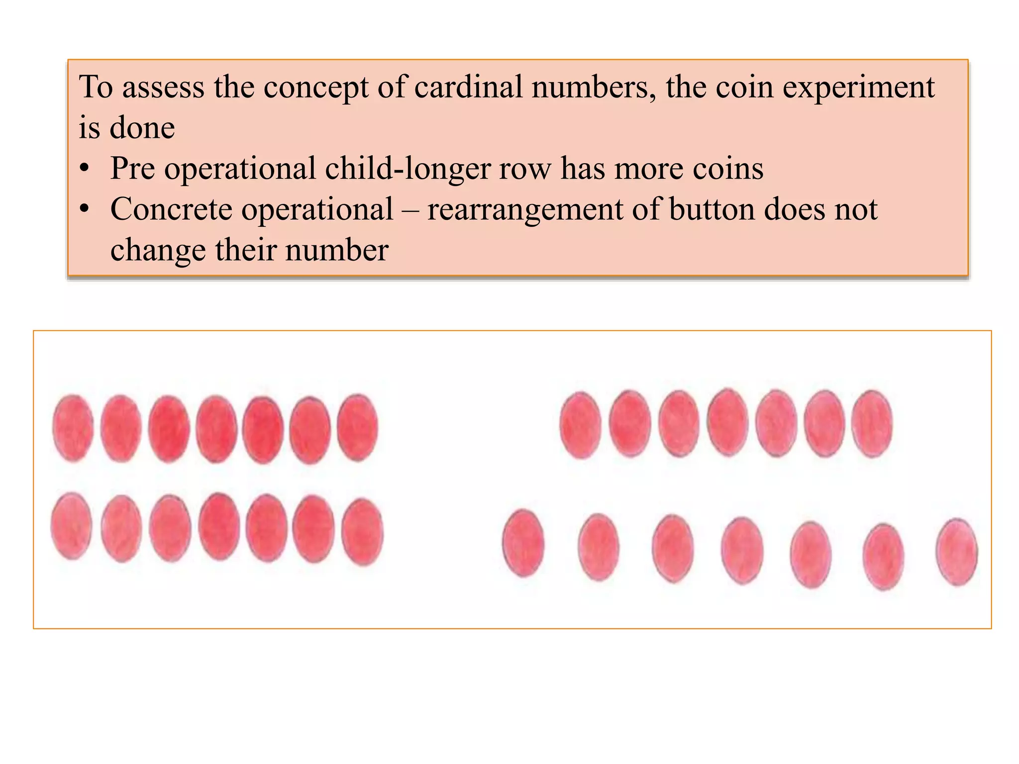 To assess the concept of cardinal numbers, the coin experiment
is done
• Pre operational child-longer row has more coins
• Concrete operational – rearrangement of button does not
change their number
 