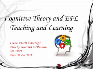 Cognitive Theory and EFL
Teaching and Learning
Course: CUTM 6102/ SQU
Done by: Noor Said Al-Maashani
ID: 53573
Date: 30. Oct. 2013
 