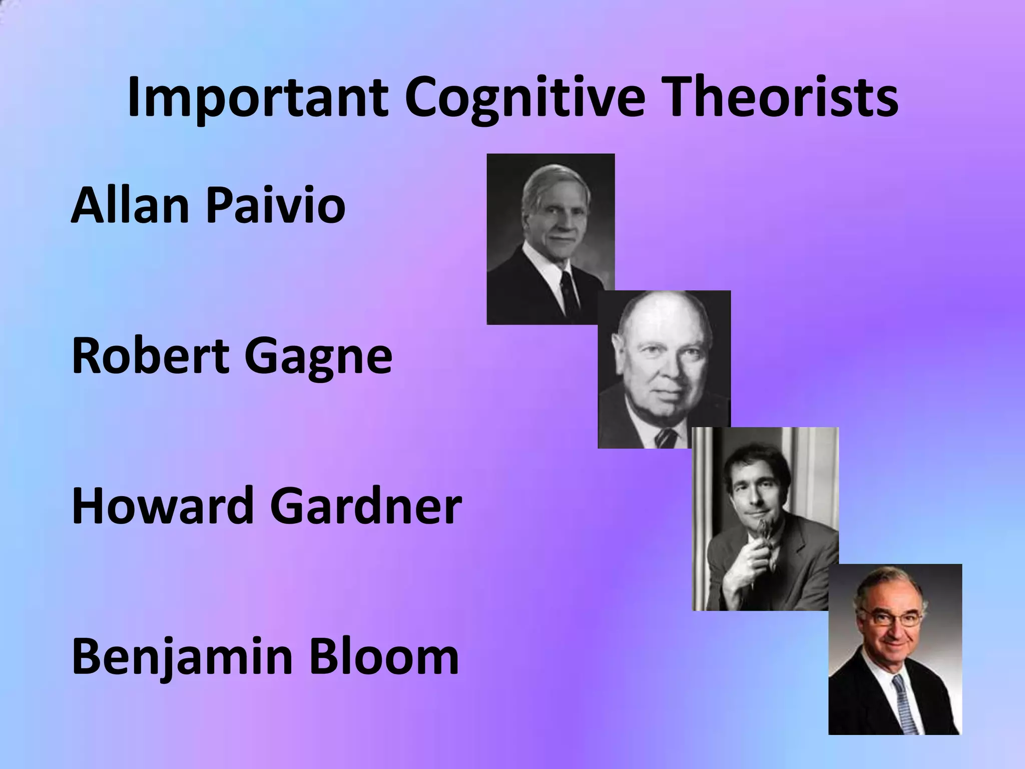 Important Cognitive Theorists
Allan Paivio

Robert Gagne

Howard Gardner

Benjamin Bloom
 