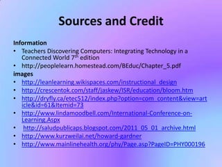 Sources and Credit
Information
• Teachers Discovering Computers: Integrating Technology in a
   Connected World 7th edition
• http://peoplelearn.homestead.com/BEduc/Chapter_5.pdf
images
• http://leanlearning.wikispaces.com/instructional_design
• http://crescentok.com/staff/jaskew/ISR/education/bloom.htm
• http://dryfly.ca/etec512/index.php?option=com_content&view=art
   icle&id=61&Itemid=73
• http://www.lindamoodbell.com/International-Conference-on-
   Learning.Aspx
• http://saludpublicaps.blogspot.com/2011_05_01_archive.html
• http://www.kurzweilai.net/howard-gardner
• http://www.mainlinehealth.org/phy/Page.asp?PageID=PHY000196
 