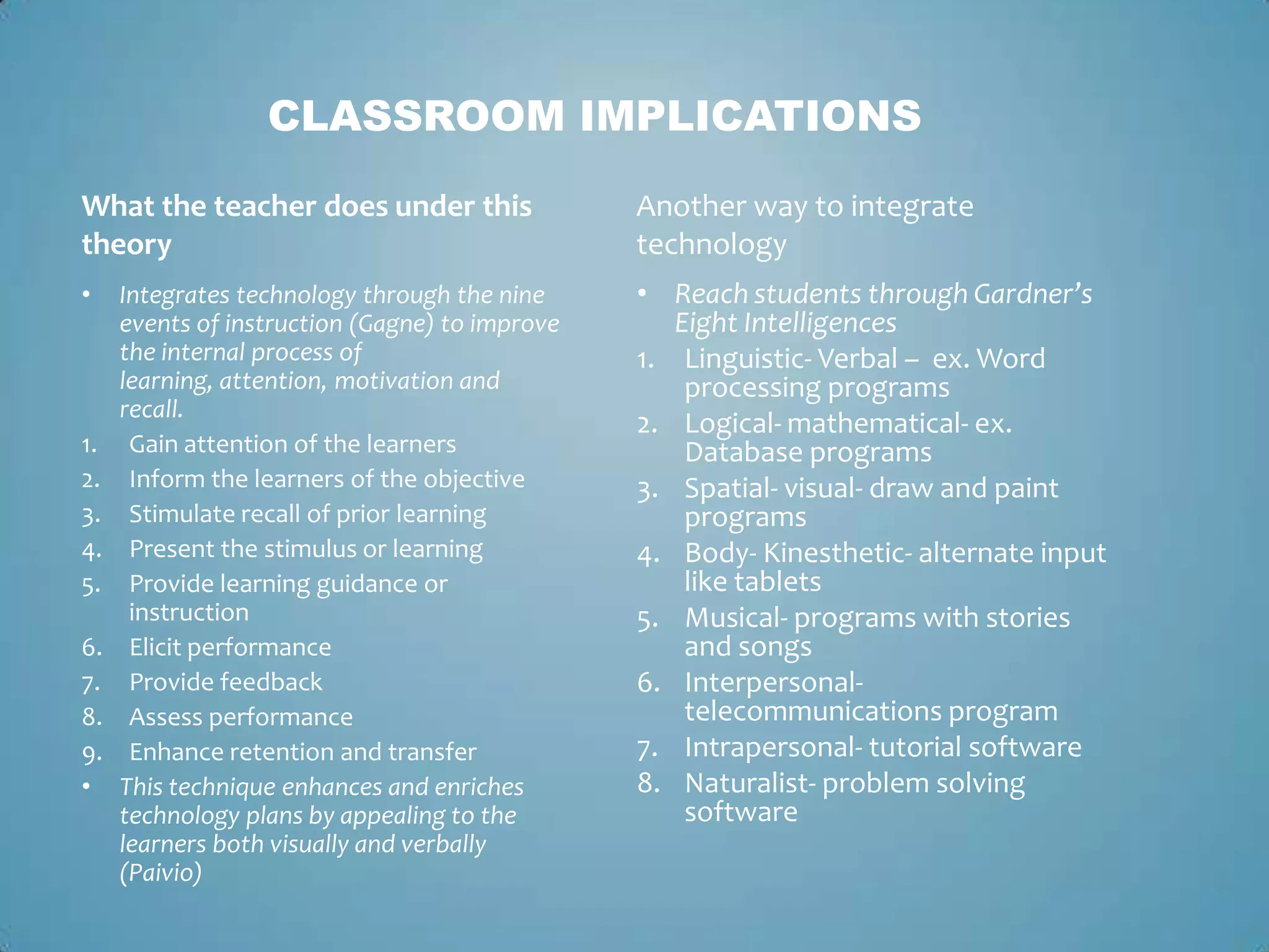 CLASSROOM IMPLICATIONS
What the teacher does under this
theory
• Integrates technology through the nine
events of instruction (Gagne) to improve
the internal process of
learning, attention, motivation and
recall.
1. Gain attention of the learners
2. Inform the learners of the objective
3. Stimulate recall of prior learning
4. Present the stimulus or learning
5. Provide learning guidance or
instruction
6. Elicit performance
7. Provide feedback
8. Assess performance
9. Enhance retention and transfer
• This technique enhances and enriches
technology plans by appealing to the
learners both visually and verbally
(Paivio)
Another way to integrate
technology
• Reach students through Gardner’s
Eight Intelligences
1. Linguistic- Verbal – ex. Word
processing programs
2. Logical- mathematical- ex.
Database programs
3. Spatial- visual- draw and paint
programs
4. Body- Kinesthetic- alternate input
like tablets
5. Musical- programs with stories
and songs
6. Interpersonal-
telecommunications program
7. Intrapersonal- tutorial software
8. Naturalist- problem solving
software
 