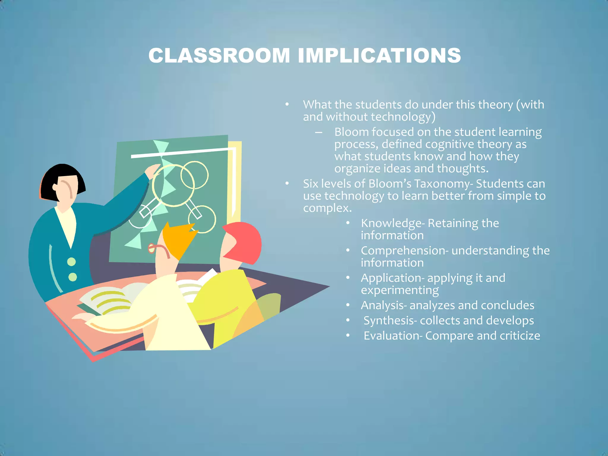 • What the students do under this theory (with
and without technology)
– Bloom focused on the student learning
process, defined cognitive theory as
what students know and how they
organize ideas and thoughts.
• Six levels of Bloom’s Taxonomy- Students can
use technology to learn better from simple to
complex.
• Knowledge- Retaining the
information
• Comprehension- understanding the
information
• Application- applying it and
experimenting
• Analysis- analyzes and concludes
• Synthesis- collects and develops
• Evaluation- Compare and criticize
CLASSROOM IMPLICATIONS
 