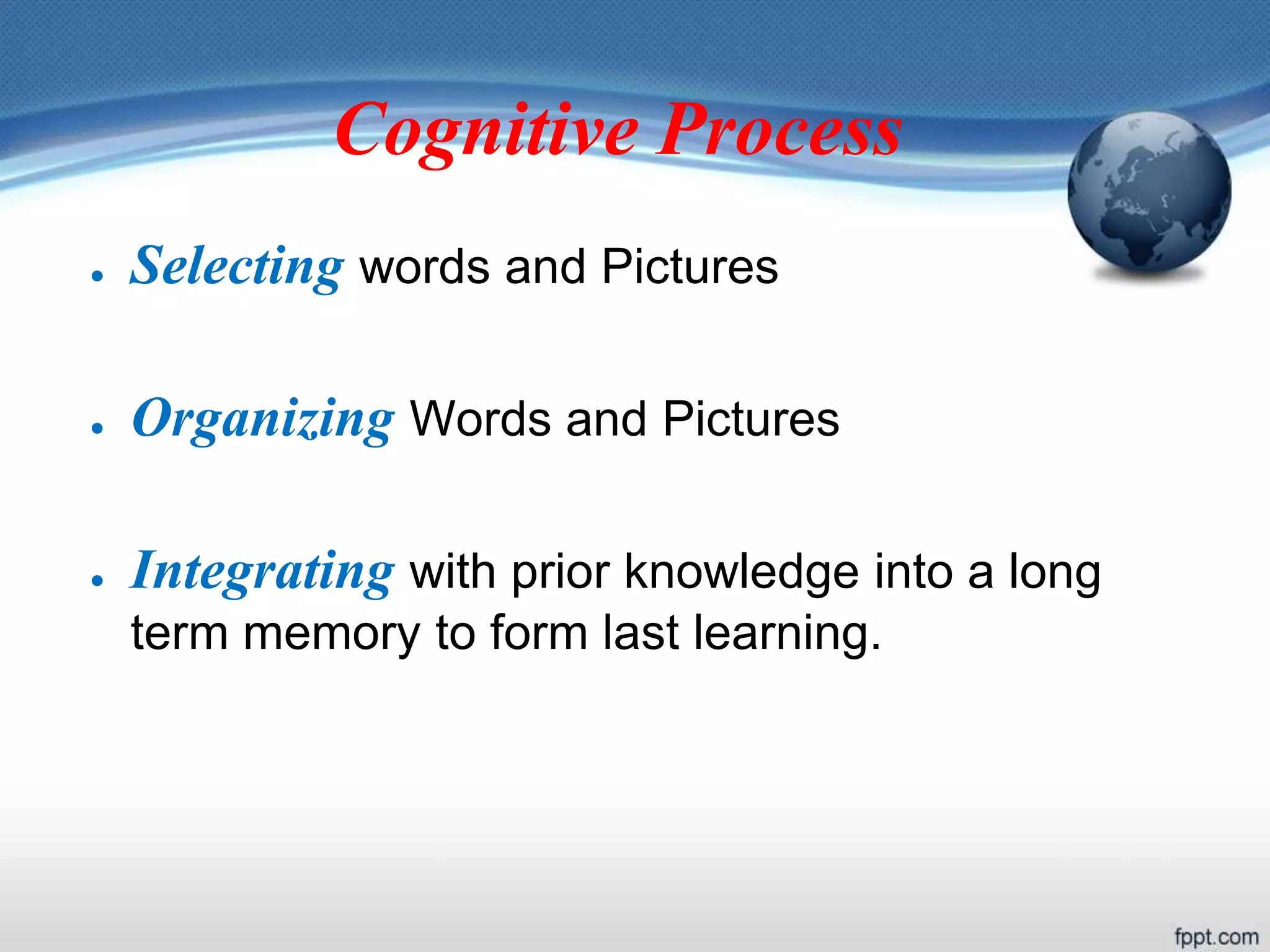 Cognitive Process
● Selecting words and Pictures
● Organizing Words and Pictures
● Integrating with prior knowledge into a long
term memory to form last learning.
 