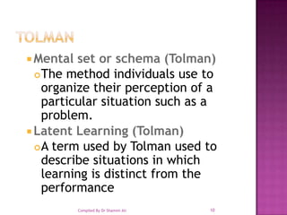 TOLMANMental set or schema (Tolman) The method individuals use to organize their perception of a particular situation such as a problem.Latent Learning (Tolman) A term used by Tolman used to describe situations in which learning is distinct from the performance10Compiled By Dr Shamim Ali
