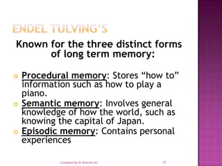 EndelTulving’sKnown for the three distinct forms of long term memory:Procedural memory: Stores “how to” information such as how to play a piano.Semantic memory: Involves general knowledge of how the world, such as knowing the capital of Japan.Episodic memory: Contains personal experiences12Compiled By Dr Shamim Ali