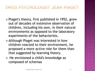 Swiss psychologist Jean Piaget Piaget's theory, first published in 1952, grew out of decades of extensive observation of children, including his own, in their natural environments as opposed to the laboratory experiments of the behaviorists. Although Piaget was interested in how children reacted to their environment, he proposed a more active role for them than that suggested by learning theory. He envisioned a child's knowledge as composed of schemas15Compiled By Dr Shamim Ali