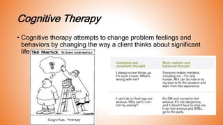 Cognitive Therapy
• Cognitive therapy attempts to change problem feelings and
behaviors by changing the way a client thinks about significant
life experiences
 