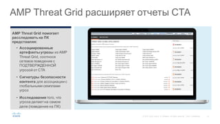 14©  2015   Cisco   and/or   its  affiliates.  All  rights  reserved.   Cisco   Confidential
AMP  Threat  Grid  расширяет  отчеты  CTA
AMP  Threat  Grid  помогает  
расследовать  на  ПК  
представляя:
• Ассоциированные  
артефакты  угрозы из AMP  
Threat  Grid,  соотнося  
сетевое  поведение  с  
ПОДТВЕРЖДЕННОЙ  
угрозой  от CTA
• Сигнатуры  безопасности  
контента  для ассоциации  с  
глобальными  семплами  
угроз
• Исследования  того,  что  
угроза  делает  на  самом  
деле (поведение  на  ПК)
 