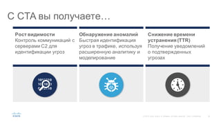58©  2015   Cisco   and/or   its  affiliates.  All  rights  reserved.   Cisco   Confidential
С  CTA  вы  получаете…
Рост  видимости
Контроль  коммуникаций  с  
серверами  C2  для  
идентификации  угроз
Обнаружение  аномалий
Быстрая  идентификация  
угроз  в  трафике,  используя
расширенную  аналитику  и  
моделирование
Снижение  времени  
устранения (TTR)  
Получение  уведомлений  
о  подтвержденных  
угрозах
 