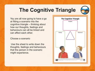 The Cognitive Triangle
You are all now going to have a go
at fitting a scenario into the
cognitive triangle – thinking about
how our thoughts, feelings and
behaviours can all be linked and
can affect each other.
Choose a scenario
Use the sheet to write down the
thoughts, feelings and behaviours
that the person in the scenario
might experience.
 